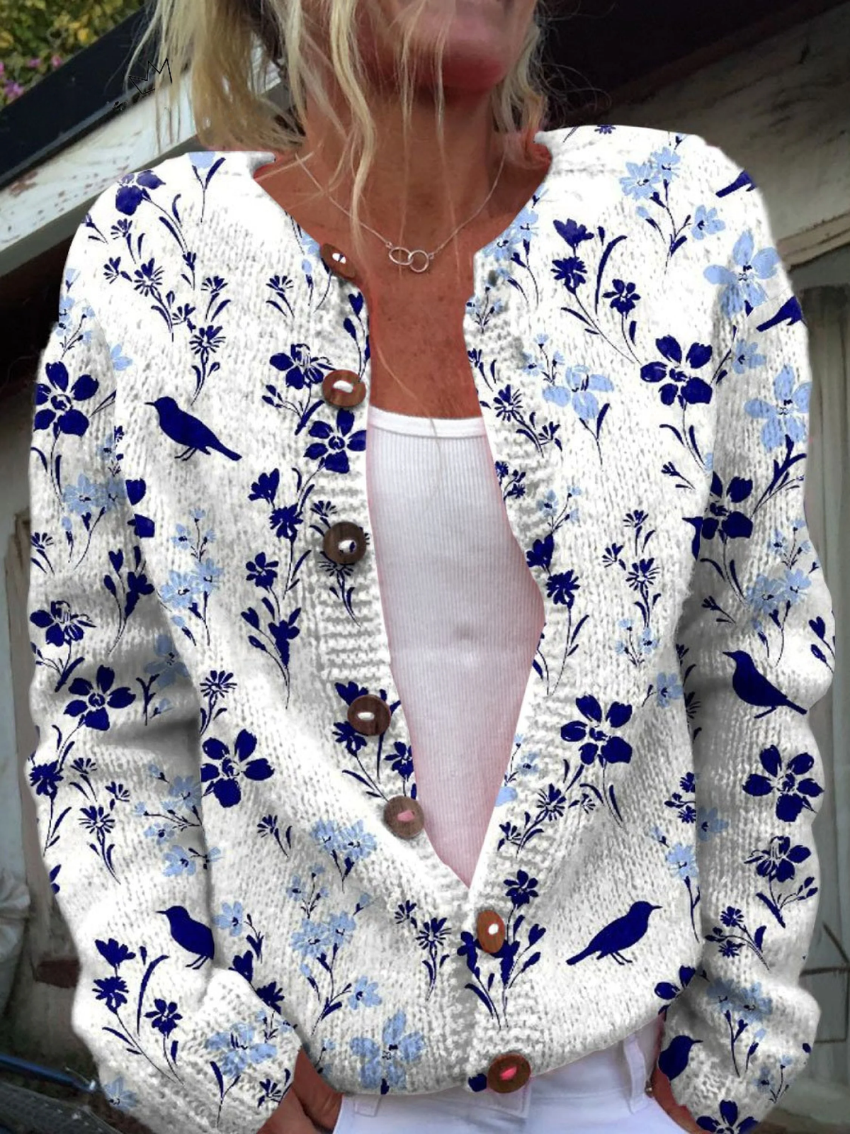 Begoña | Cárdigan Vintage con Estampado Floral de Pájaros y Botones