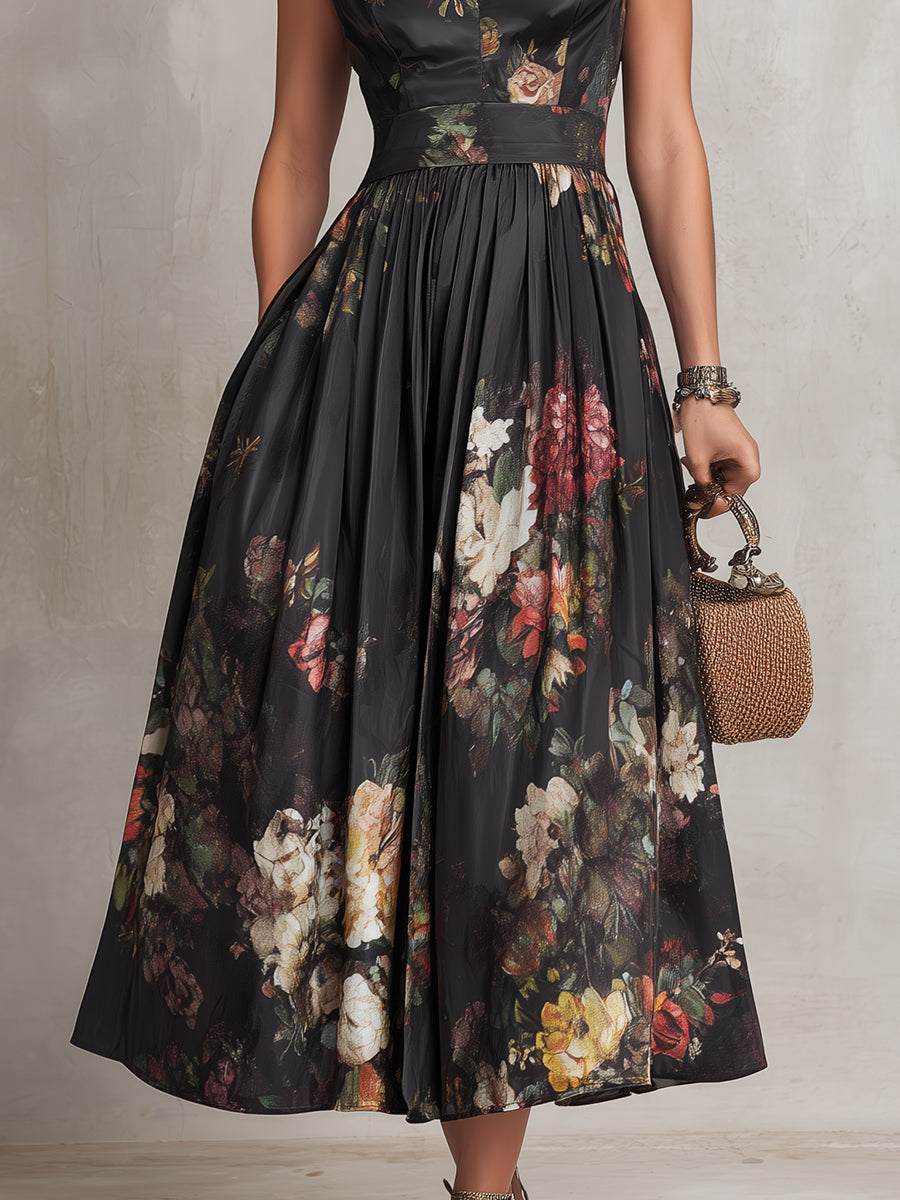 Vestido midi de satén negro plisado de Noura Madrid