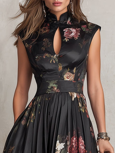 Vestido midi de satén negro plisado de Noura Madrid