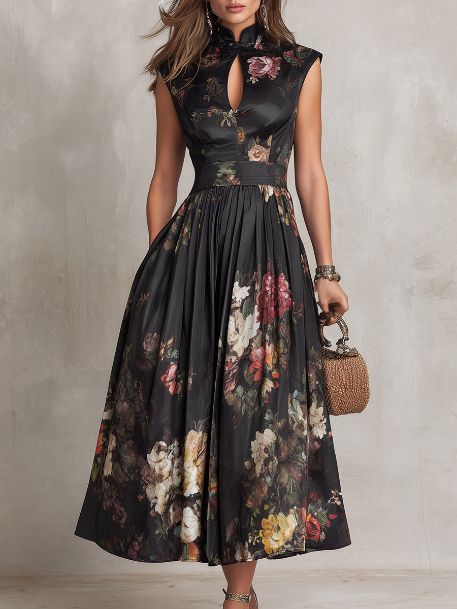 Vestido midi de satén negro plisado de Noura Madrid